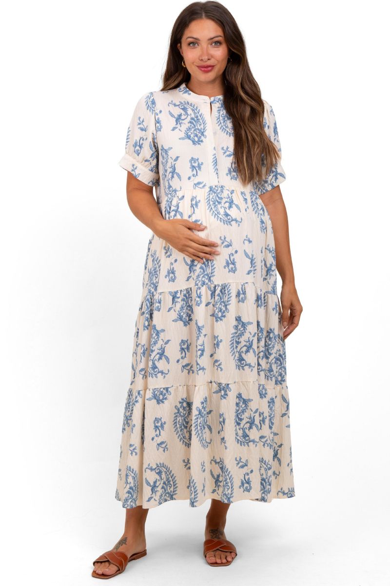 Women's Blue Paisley Button Up Tiered Maxi Dress