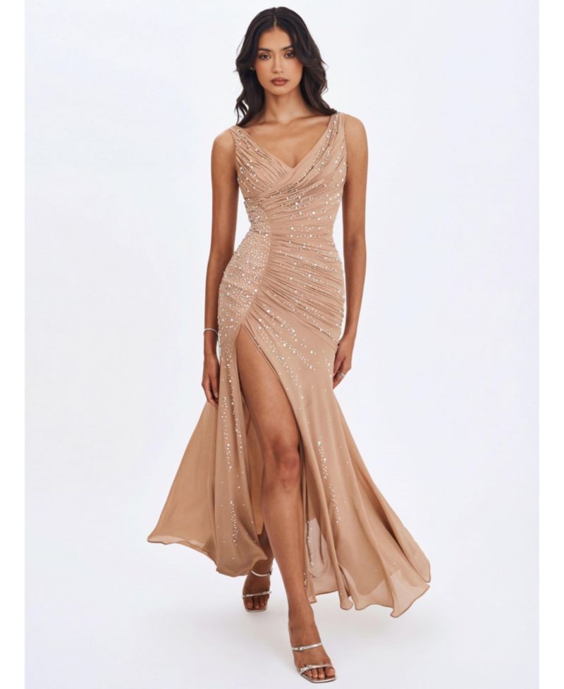 Women's Viveca Apricot Crystal-Embellished Asymmetrical Ruched Maxi Dress