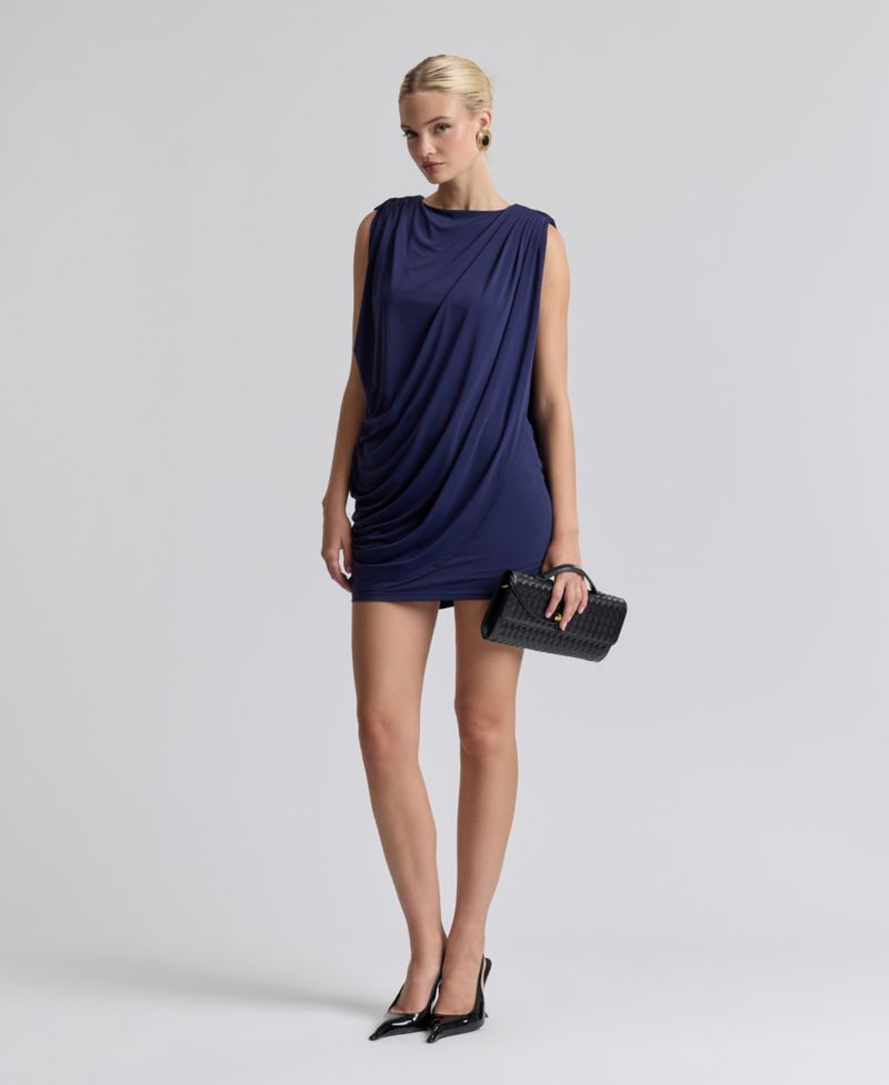 Women's Asymmetrical Draped Strong Shoulder Mini Dress