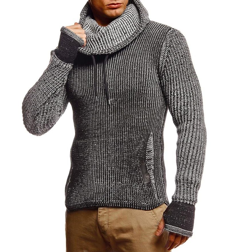 Men's Cowl Neck Knitted Pullover with Thumbhole Cuffs