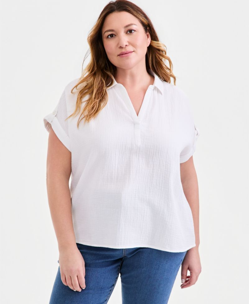 Plus Size Cotton Gauze Collared Popover Top