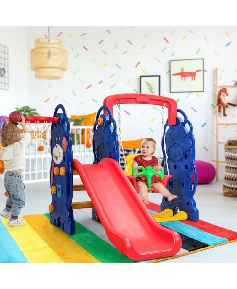 3 in 1 Toddler Climber and Swing Set Kid Climber Slide Playset w/Basketball Hoop