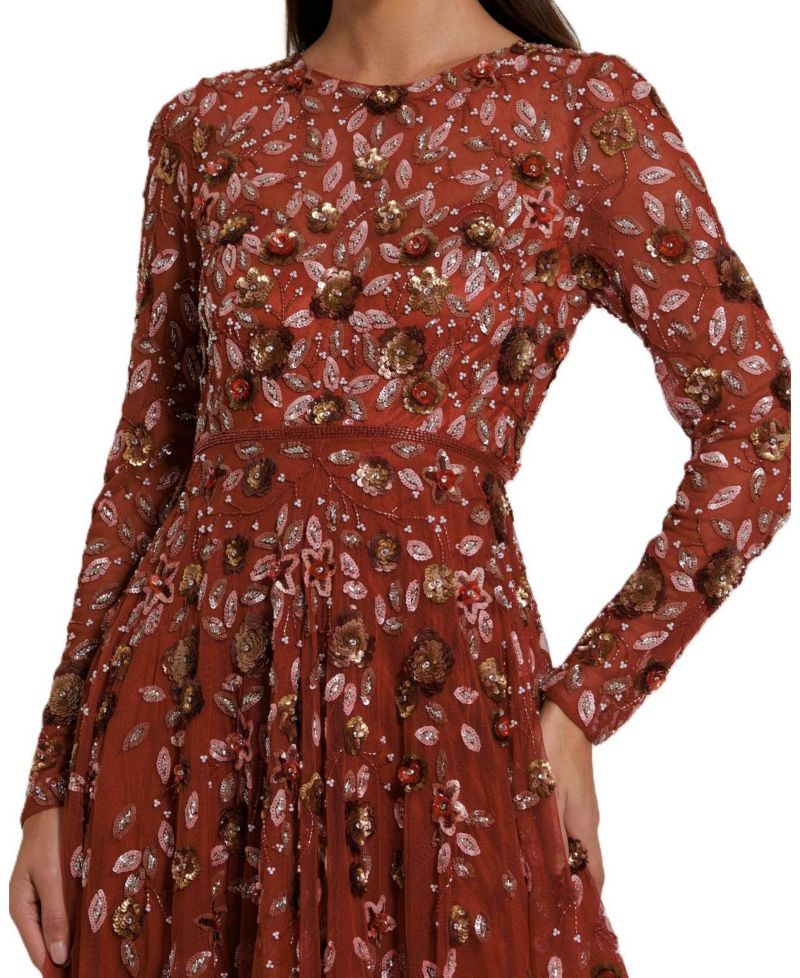 Women's Embellished High Neck Long Sleeve A Line Gown
