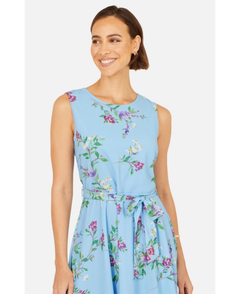 Women's Sleeveless Tie Waist Printed Midi Dress