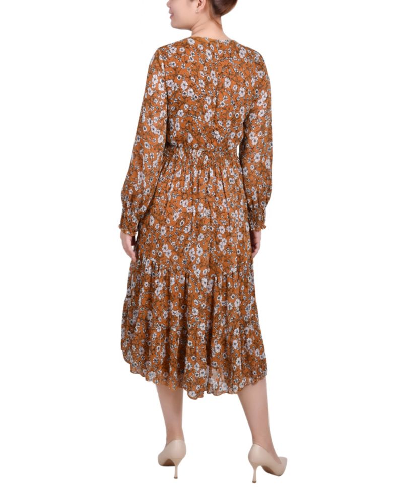 Women's Long-Sleeve Clip Dot Chiffon Dress with Smocked Waist and Cuffs Dress