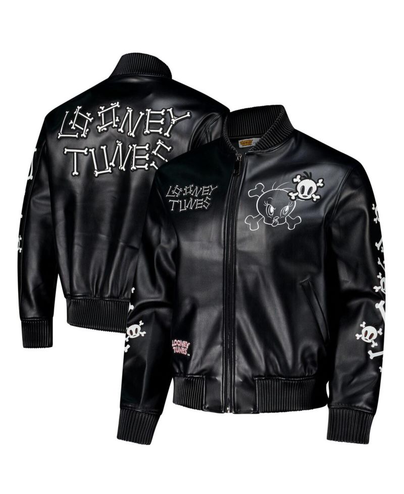 Men's Black Looney Tunes Tweety Bones Full-Zip Varsity Jacket