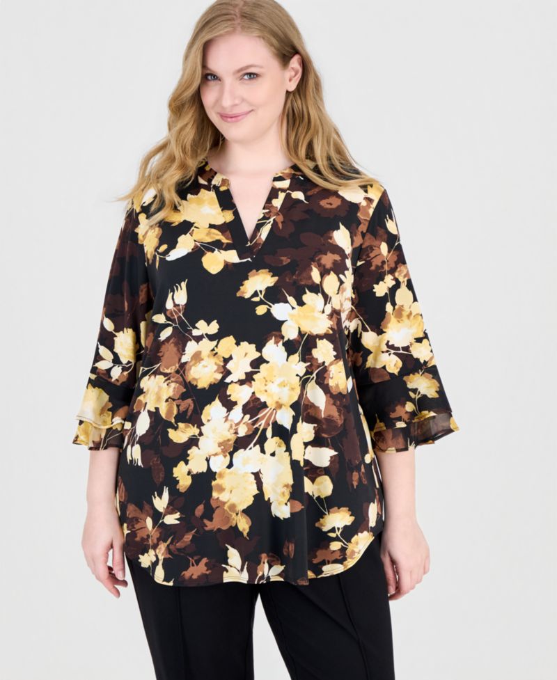 Plus Size Floral 3/4-Length Flutter Sleeves Split-Neck Tunic