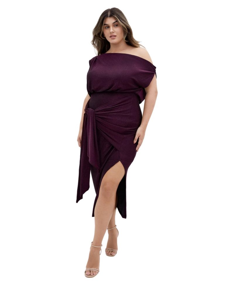 Plus Size Paloma One-Shoulder Metallic Wrap Midi Dress