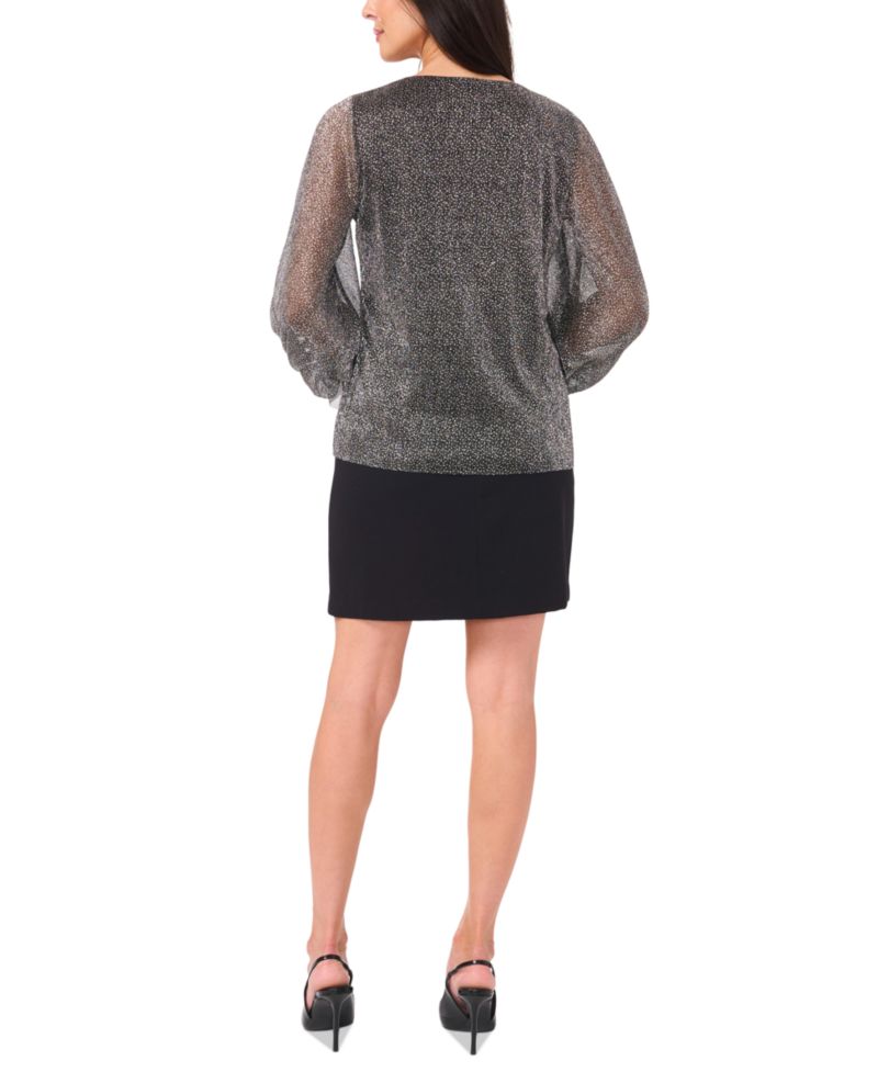 Women's Metallic V-Neck Sheer-Sleeve Top