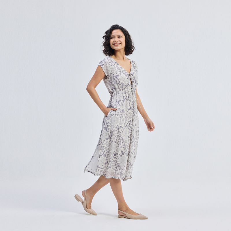 Women's Deep V-neck Gathered Dress in Florals