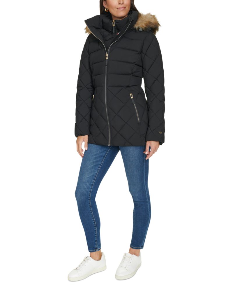 Women's Bibbed Faux-Fur-Trim Hooded Puffer Coat