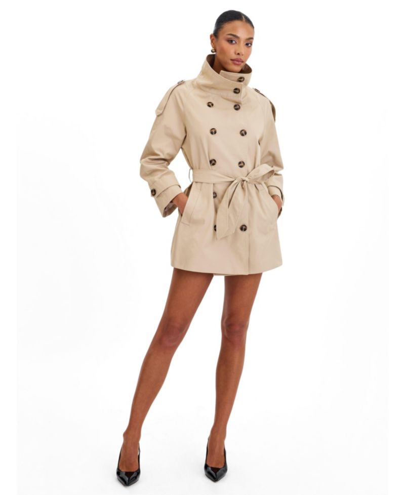 Women's Vanetta Tan High Collar Double-Breasted Trench Mini Coat