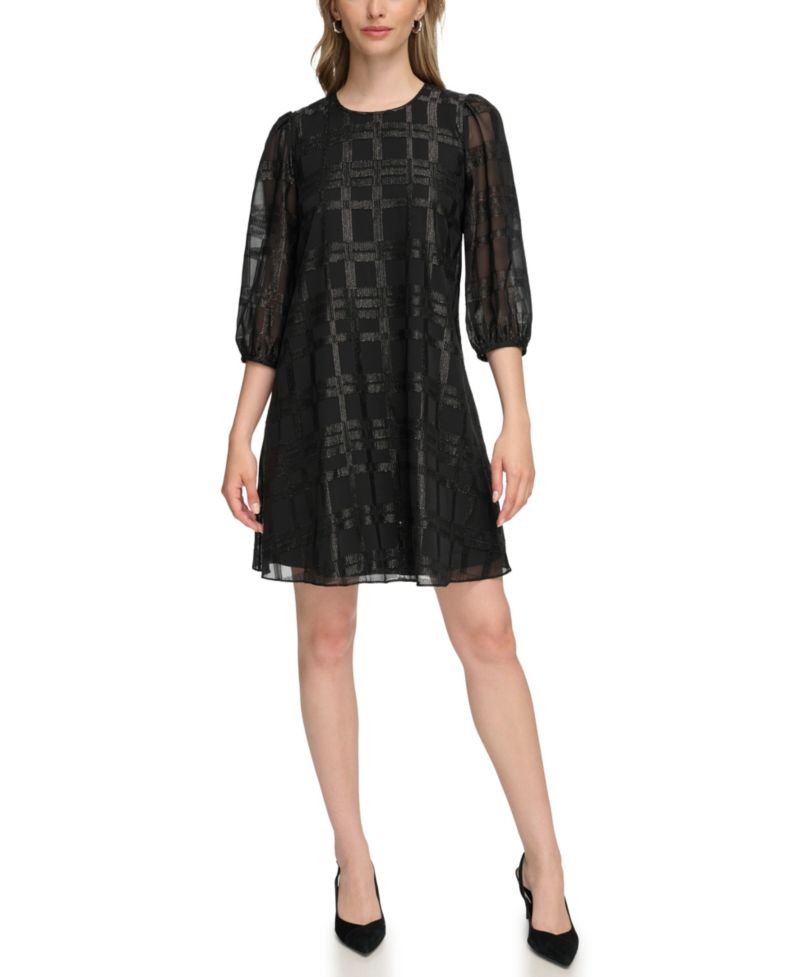 Women's Metallic Geometric-Print 3/4-Sleeve Shift Dress