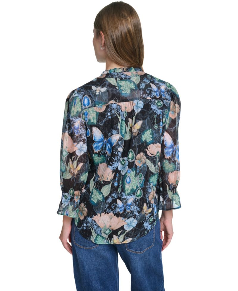 Women's Ruffle Collar Printed Chiffon Button-Up Blouse