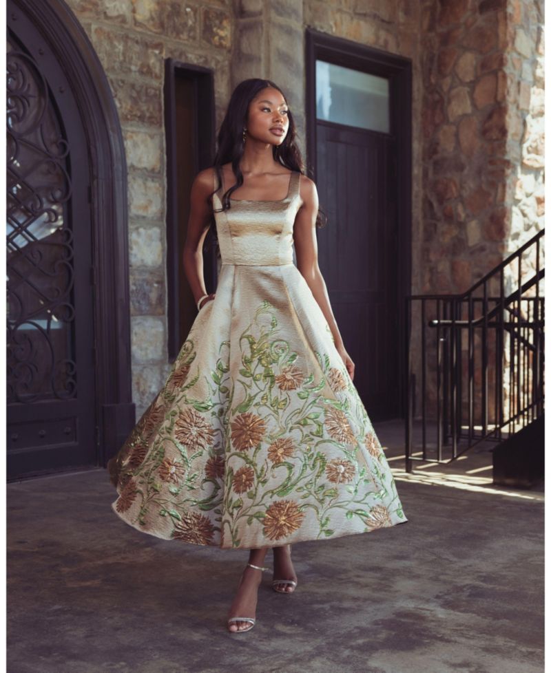 Women's Embroidered Floral A-Line Square Neck Midi Dress