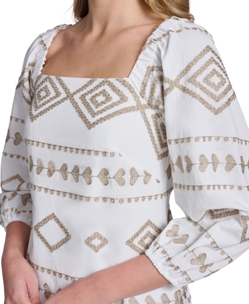 Petite Embroidered Square Neck Shift Dress