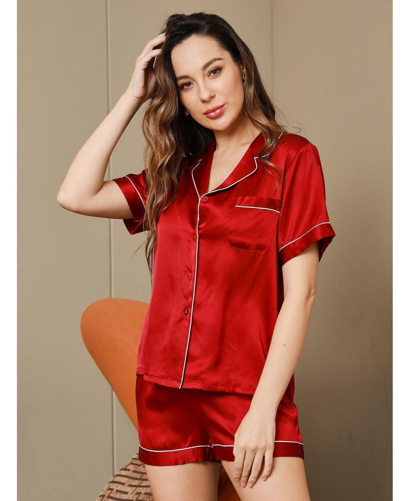 Women's Silk Piping-Trim Top and Shorts Set