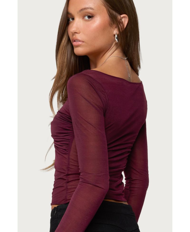 Womens Oona Sheer Gathered Long Sleeve Top