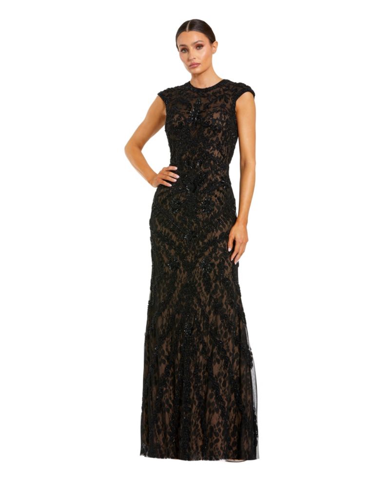 Petite Beaded Lace Mesh High-Neck Sleeveless Column Gown