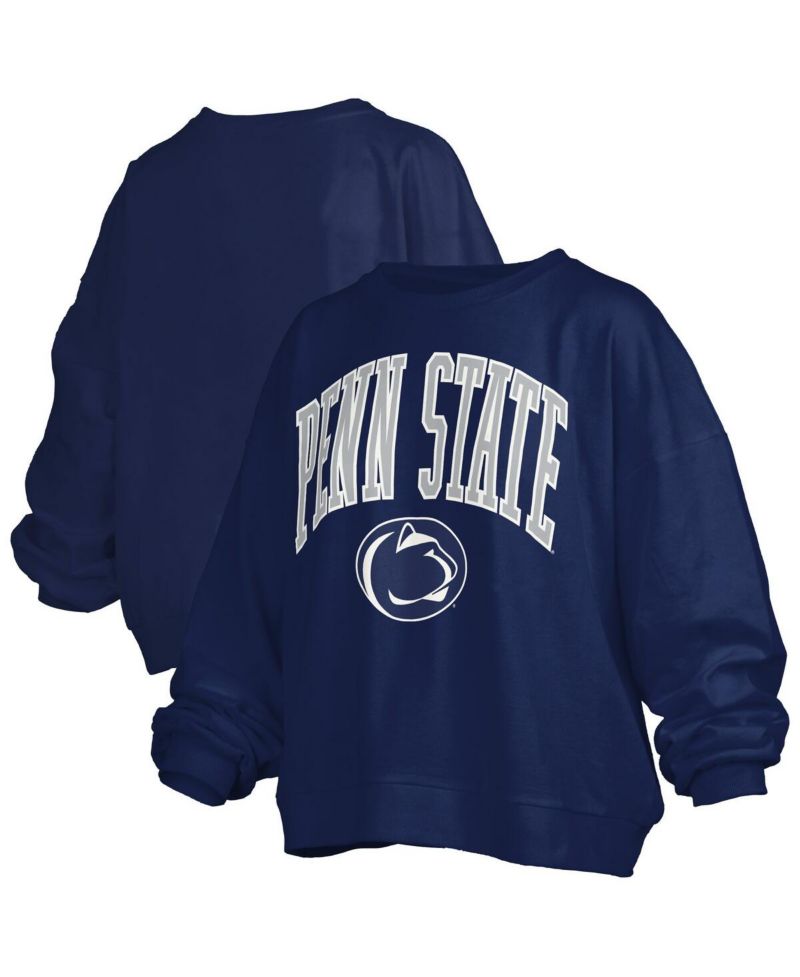 Women's Navy Penn State Nittany Lions Janise Arch Over Logo Waist Length Oversized Pullover Sweatshirt