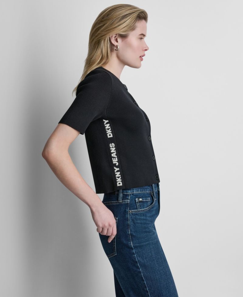 Women's Side Logo Button-Front Elbow-Sleeve Crewneck Sweater