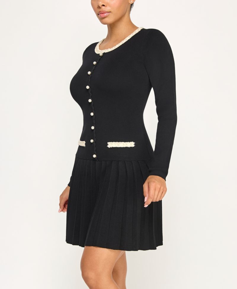 Juniors' Pearl Boucle Trim Pleated Fit & Flare Sweater Dress