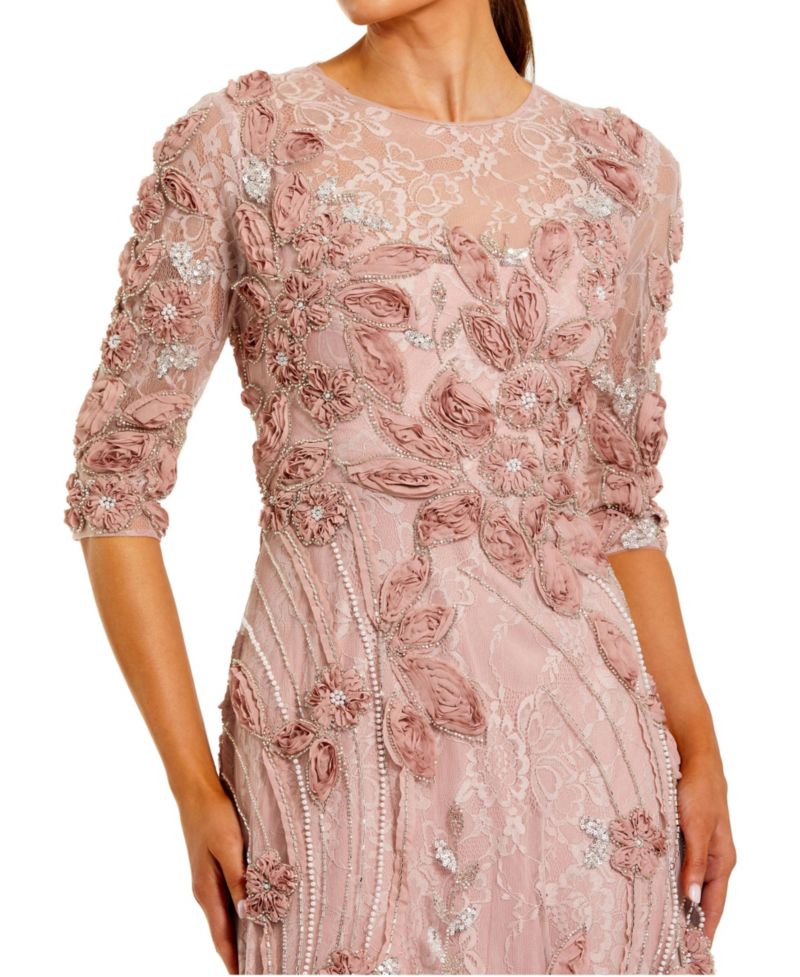 Petite 3/4 Sleeve High Neck Embroidered A Line Gown
