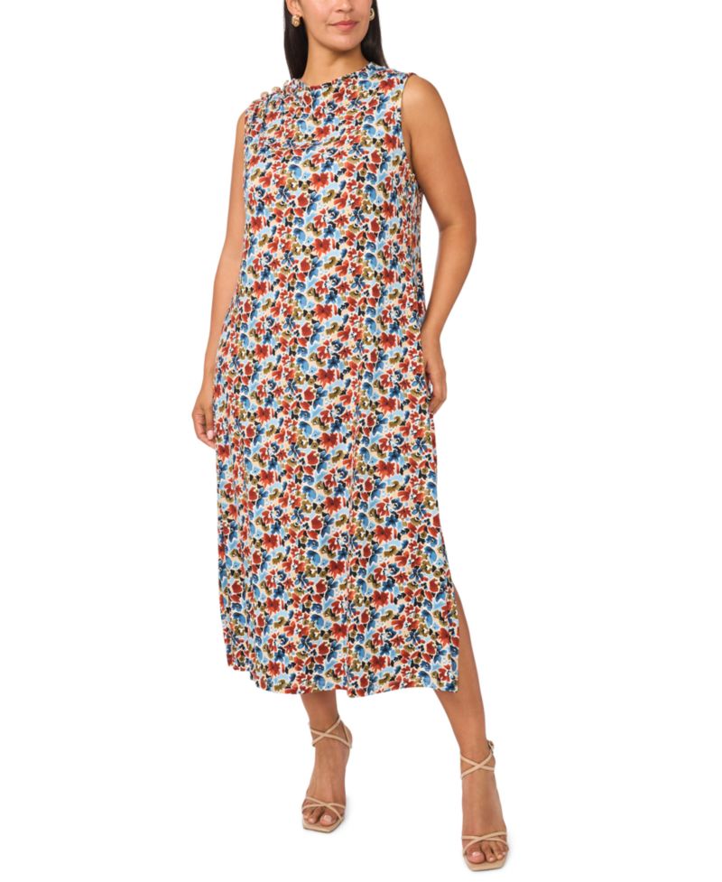 Plus Size Mock-Neck Pleated Midi Dress