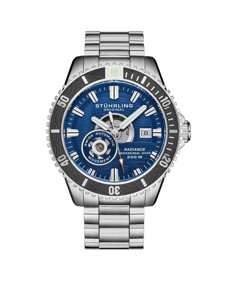 1013 Men s Automatic Watch Swiss Movement Blue Dial Black Bezel Stainless Steel Case and Bracelet 200M Water Resistant Diver Date Window