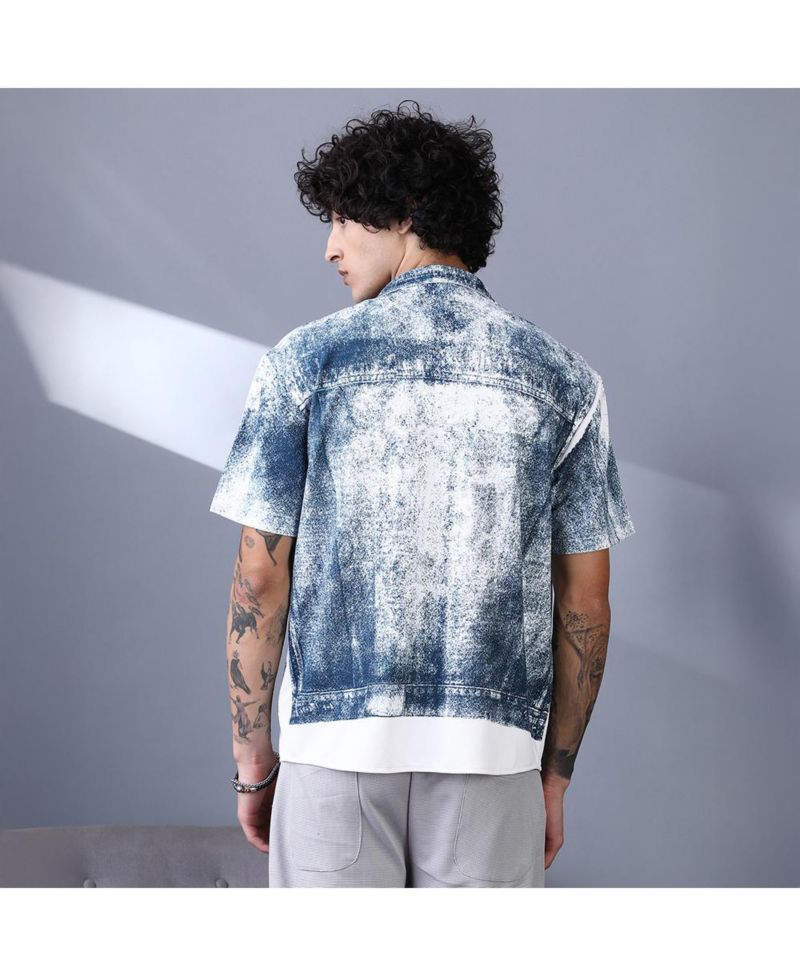 Men's Navy Blue Denim-Imprint Relaxed Shirt