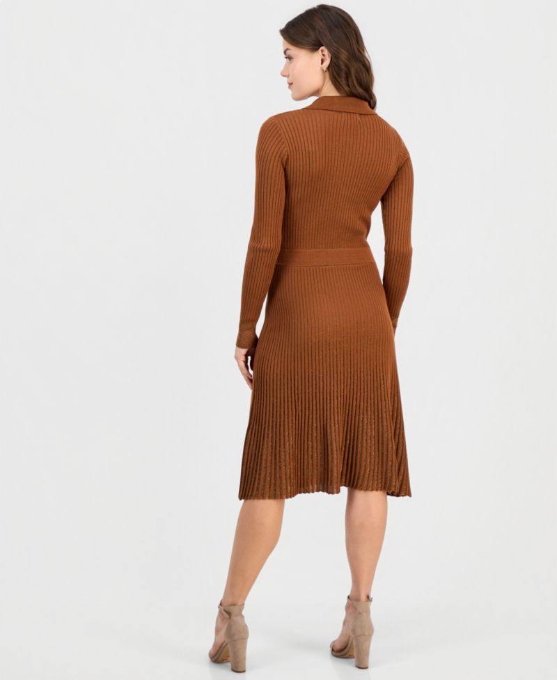 Women's Lurex Ribbed-Knit Zip-Front Midi Dress