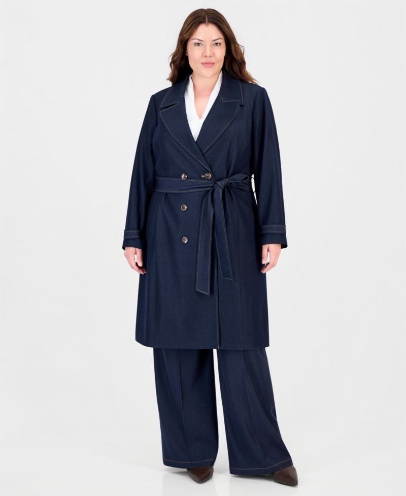 Plus Size Denim Double-Breasted Long Trench