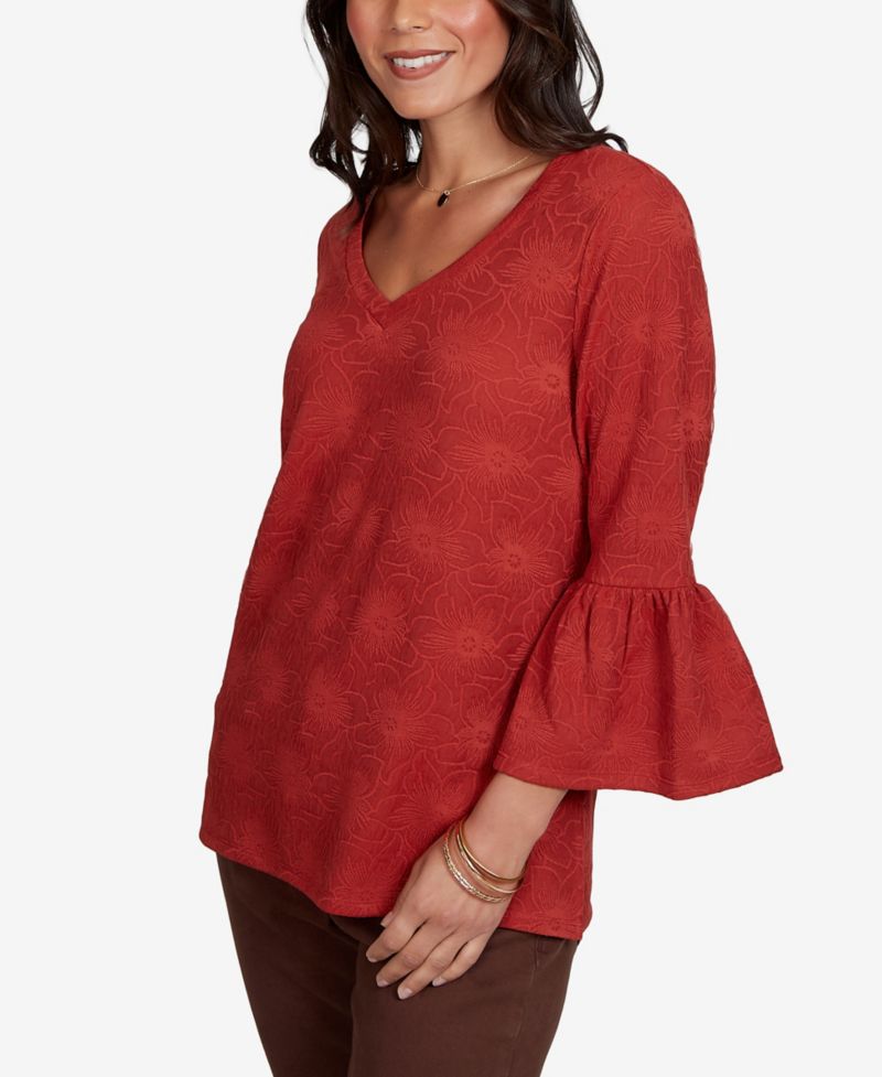 Petite V-Neck Floral-Print Bell-Sleeve Top
