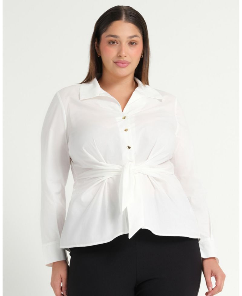 Plus Size Leo Collared V-Neck Button Tie-Front Shirt