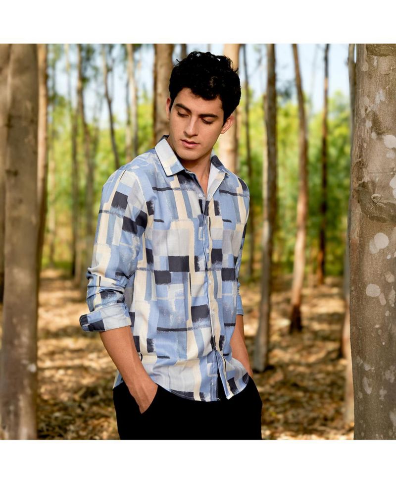 Men's Powder Blue & Pale Yellow Cubic-Overlap Shirt