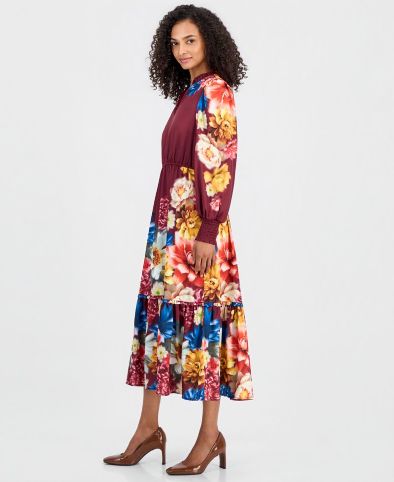 Women's Floral Long-Sleeve A-Line Midi Dress