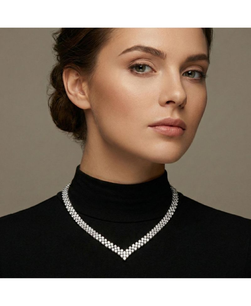 Classy White Gold Plated CZ Tennis V Shape Necklace