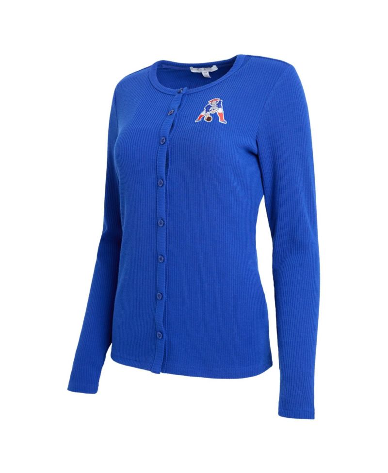 Women's Royal New England Patriots Ribbed Full-Button Cardigan Sweater