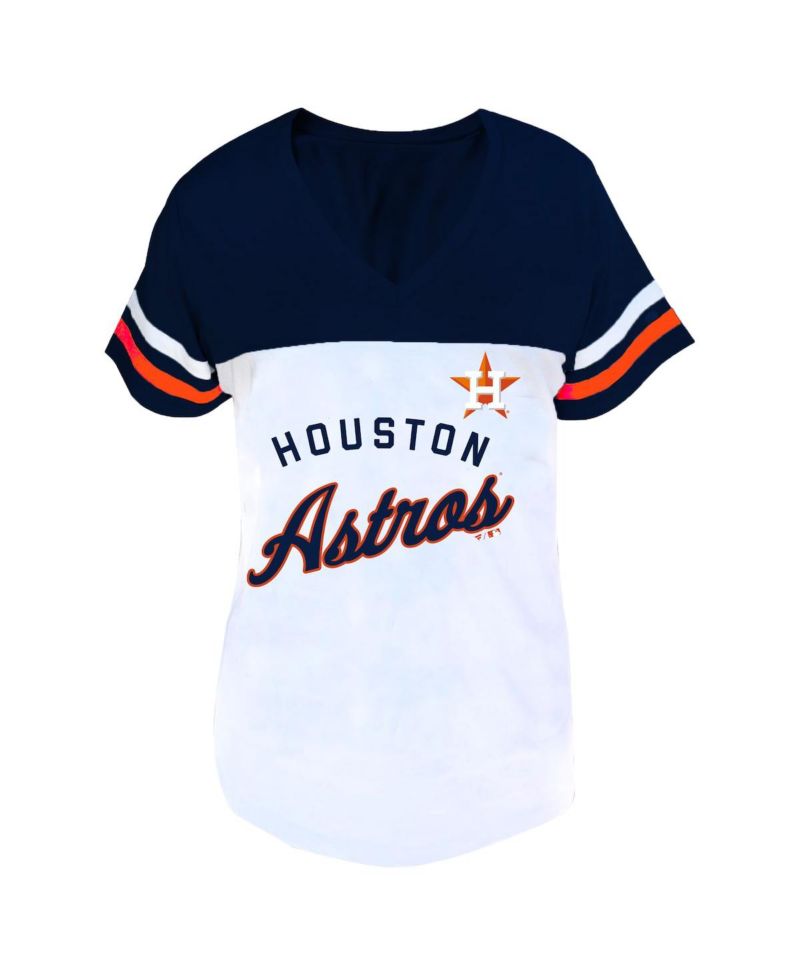 Women's White/Navy Houston Astros Plus Size Two-Stripe V-Neck T-Shirt