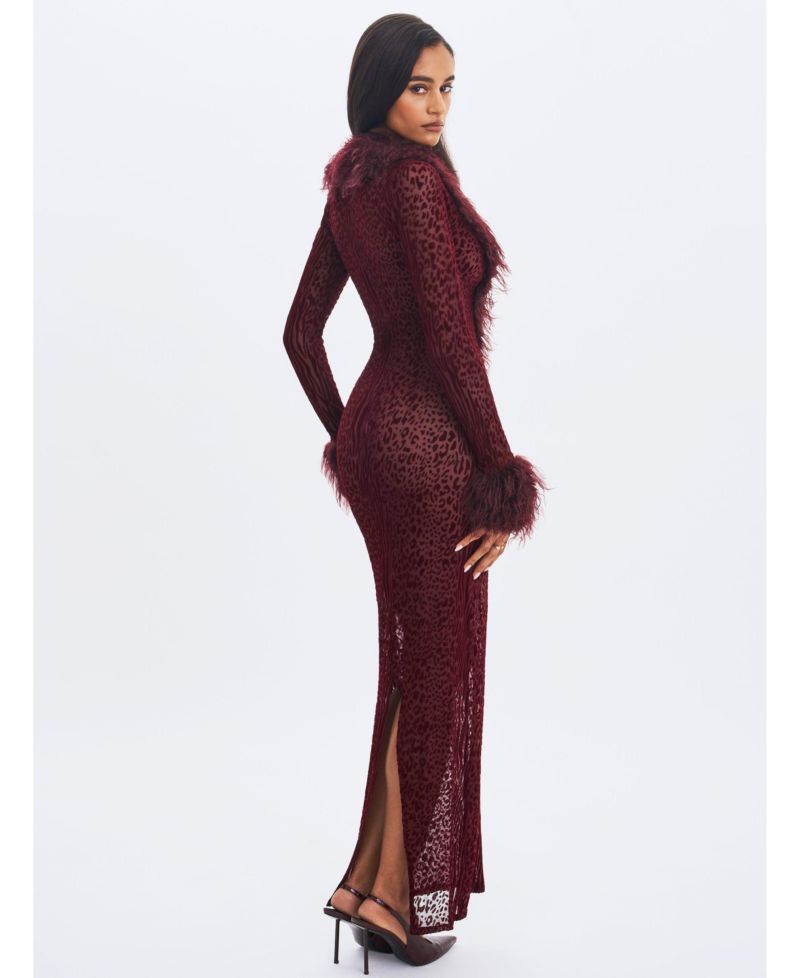 Women's Luana Burgundy Plunging Fur Trimmed Crochet Maxi Dress
