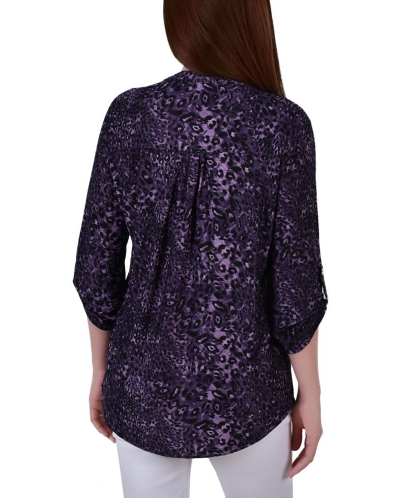 Women's 3/4 Roll Tab Sleeve Y-neck Top