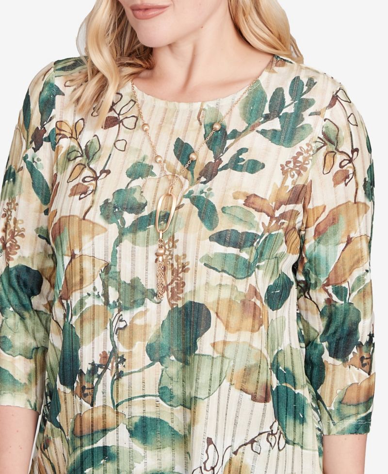 Women's Mount Laurel Abstract Leaf Sharkbite Hem Top with Necklace