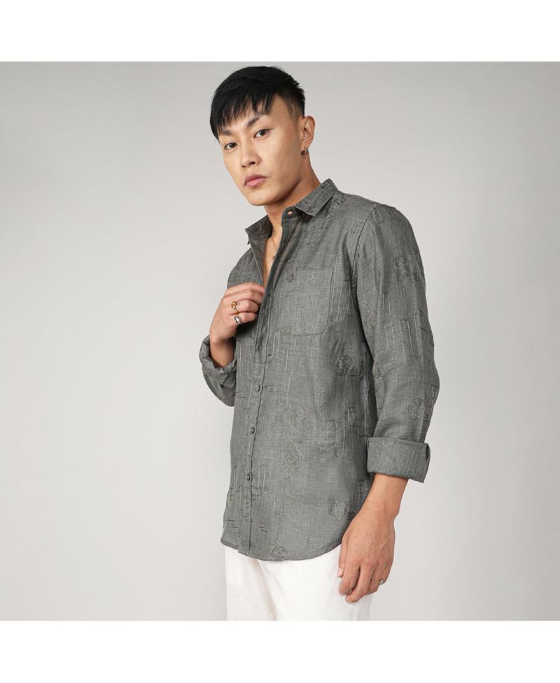 Men's Olive Green Embroidered One-Lined Shirt