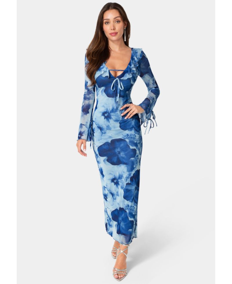 Women's Long-Sleeve Floral-Print Ruffle-Neck Maxi Dress