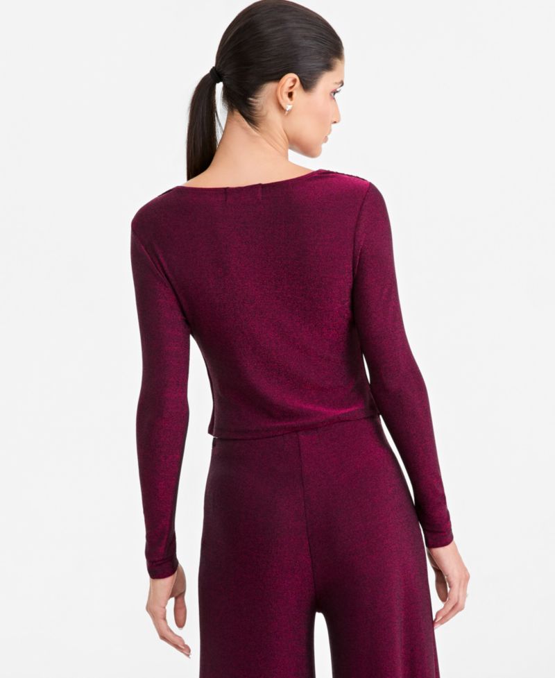 Women's Long-Sleeve Metallic-Knit Cowl Neck Top