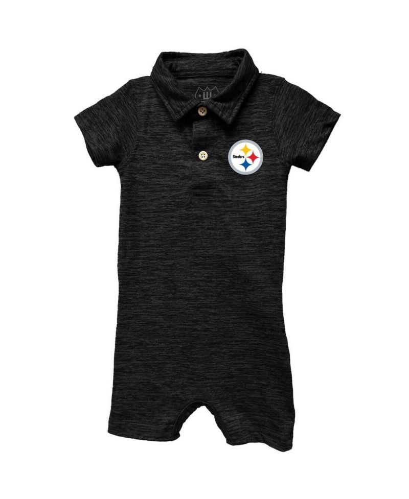 Baby Boys and Girls Black Pittsburgh Steelers Short Leg Cloudy Yarn Polo Bodysuit