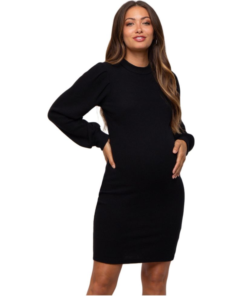 Women's Black Ribbed Long Sleeve Mock Neck Dress
