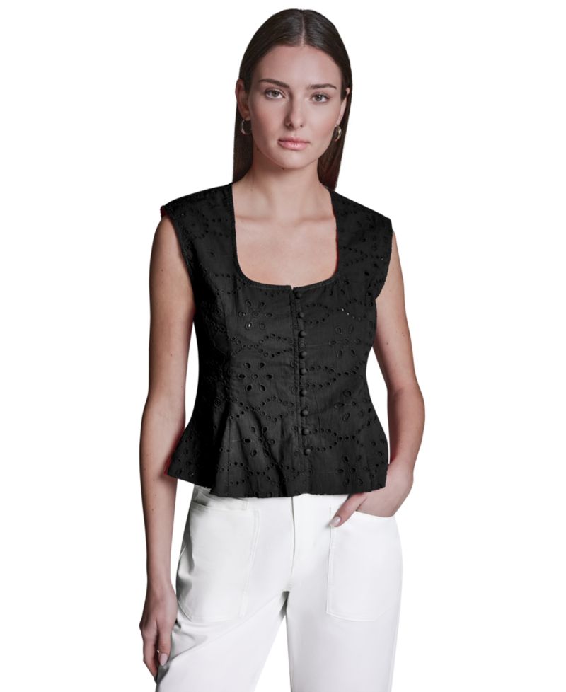 Women's Eyelet Detail Sleeveless Square Neck Peplum Top