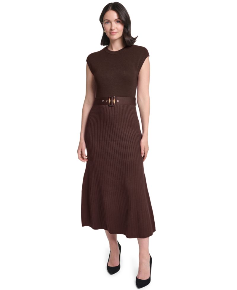 Petite Belted Midi Ribbed Dress
