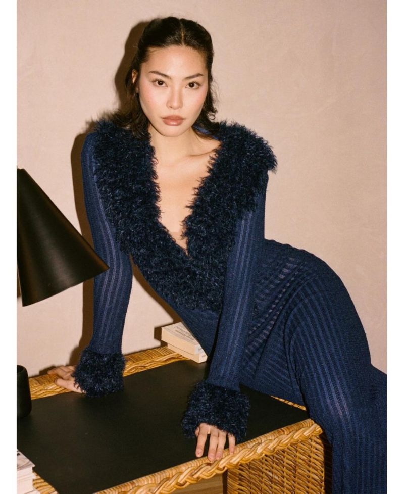 Women's Romina Plunging Faux Fur Trimmed Crochet Maxi Dress